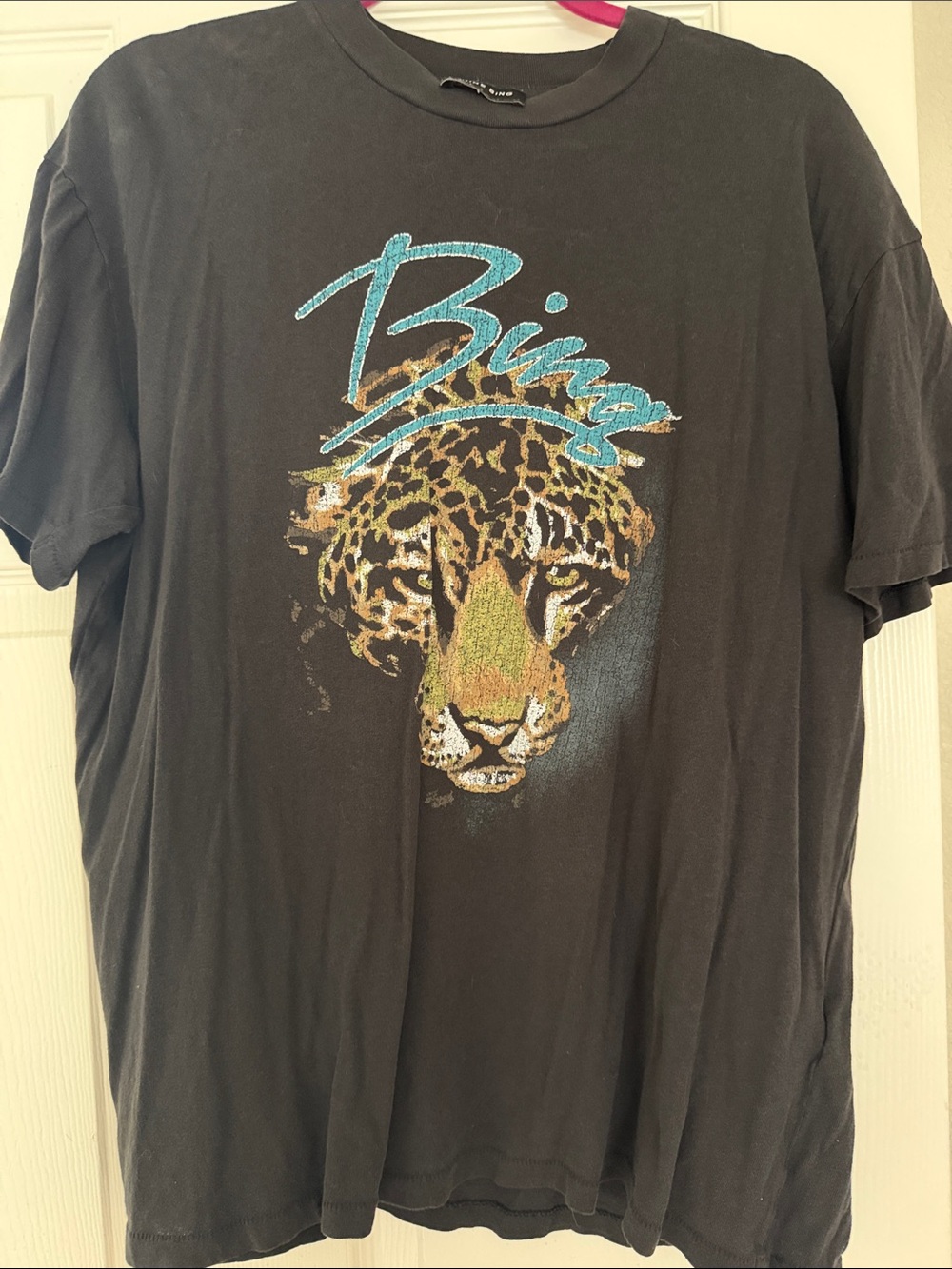 Anine Bing Black Tee with Turquoise Script and Leopard Graphic